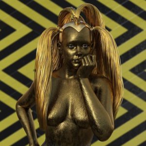 Statue dorée stylisée d'une silhouette féminine partiellement dénudée, la main portée au visage, sur fond de motifs chevron noir et jaune