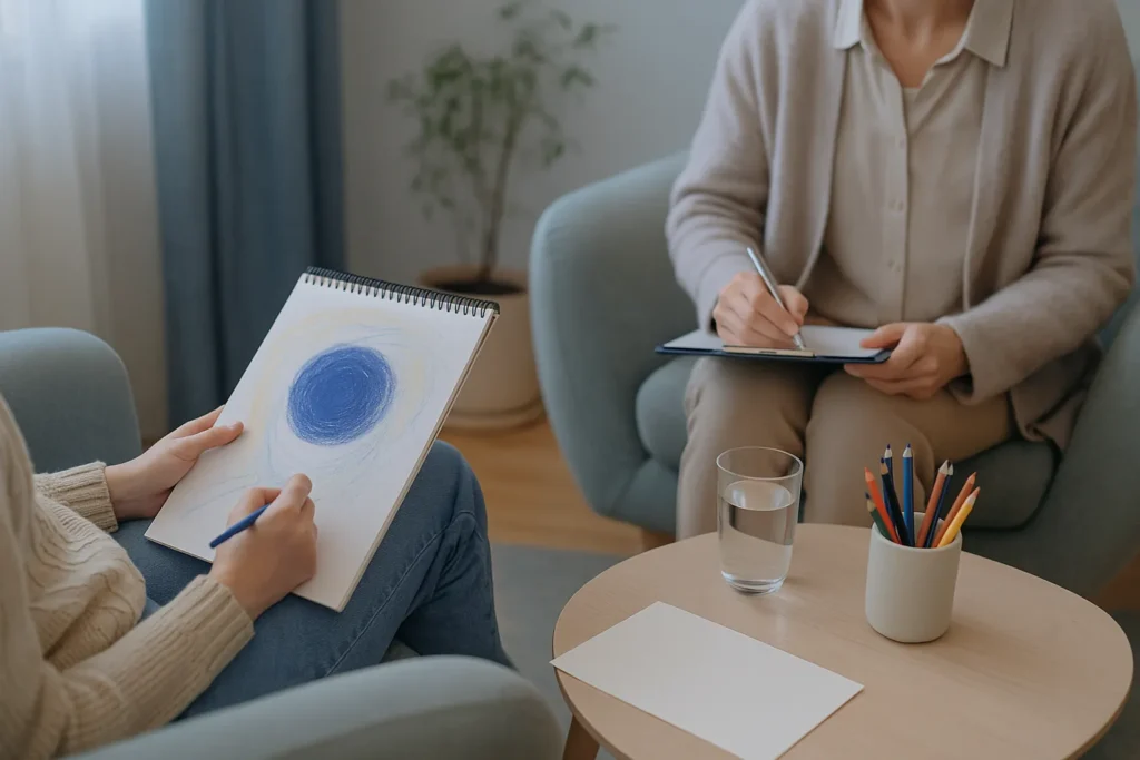 Espace de cabinet dédié à l'art thérapie, matériaux créatifs posés sur une table, lumière douce en tons bleus pastel