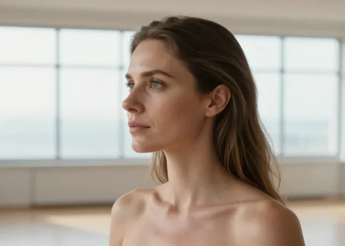 Femme pensive regardant au loin, épaules dénudées, illustrant la vulnérabilité émotionnelle liée à la dépendance affective
